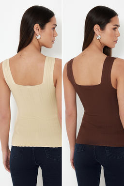 Tas-Kahverengi Basic Ikili Paket Top Ince Bluz TWOSS24BZ00623