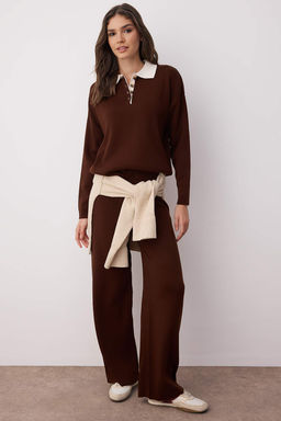Kahverengi Polo Yaka Renk Bloklu Kazak-Pantolon Triko Alt - Ust Tak?m TWOAW26AU00011 - Trendyolmilla фото 2