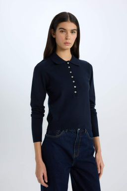 Regular Fit Polo Yaka Basic Duz Triko Kazak - Defacto фото 2