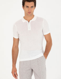 Beyaz Slim Fit Polo Yaka Triko T-Shirt