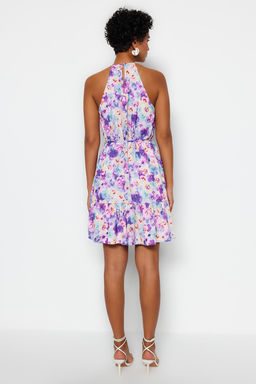 Mor Cicekli Halter Yaka A Kesim Baglama Detayl? Mini Dokuma Elbise TWOSS22EL00666