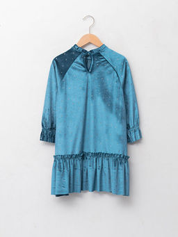 Dik Yaka Bask?l? Uzun Kollu Kadife K?z ?ocuk Elbise - Waikiki фото 2