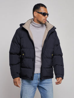 Куртка спортивная болоньевая мужская зимняя с капюшоном темно-синего цвета 3111TS