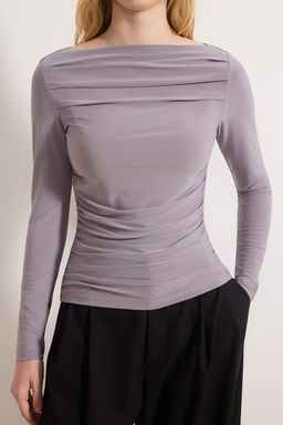 Vizon Kay?k Yaka Drapeli Vucuda Oturan Esnek Orme Bluz TWOAW25BZ00109