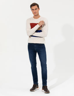 Ekru Slim Fit Bisiklet Yaka Triko Kazak