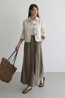 Bej Oversize Dugmeli Dokuma %100 Pamuk Ceket TWOSS26CE00021 - Trendyolmilla фото 3