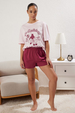 Trendyolmilla Ac?k Pembe %100 Pamuklu Bask?l? Sortlu Orme Pijama Tak?m? THMSS25PT00218