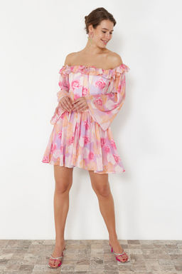 TRENDYOLMILLA Bridal Ekru A-Kesim Astarl? Volanl? Dokuma Sifon K?sa Dugun/Nikah S?k Abiye Elbise TPRSS23EL00096 фото 42