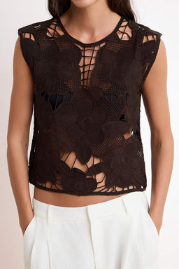 Kahverengi Cicekli Krose Detayl? Triko Ince Bluz TWOSS25BZ00587