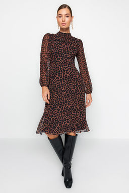 TRENDYOLMILLA Camel Dik Yakal? Etegi Volanl? Sifon Dokuma K?sl?k Elbise TWOAW20EL1313
