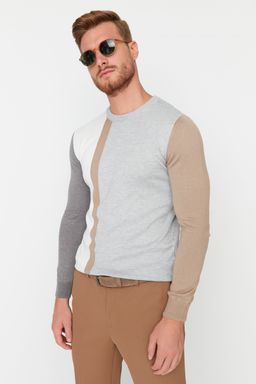 TRENDYOL MAN Gri Slim Fit Pamuklu Bisiklet Yaka Renk Bloklu Triko Kazak TMNAW21KZ0566 - Trendyolmilla фото 3