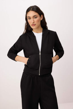 Siyah Oversize/Genis Kal?p Kapusonlu Aksesuar Detayl? Orme Sweatshirt TWOSS26SW00012