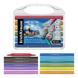 АКЦИЯ Цена за 12 шт. Цветные маркеры акриловые ErichKrause Art Spirit двусторонние 12 цветов (в пластиковом боксе с европодвесом 12 шт)