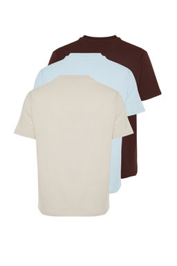 Koyu Kahverengi-Tas-Ac?k Mavi Slim/Dar Kesim Bisiklet Yaka %100 Pamuklu 3lu T-Shirt TMNSS19BO0007