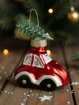 Игрушка елочная, 4х6 см, стекло, красная, Машина с елкой, New year