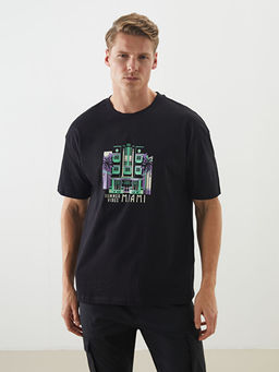 Bisiklet Yaka Bask?l? Penye Erkek Ti??rt