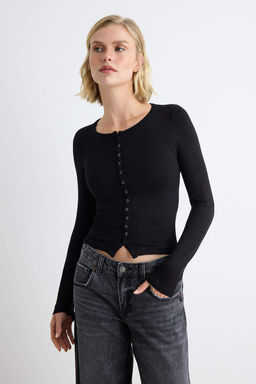 Siyah-Ekru D_z Fitted Bisiklet Yaka Crop/K_sa __t__tl_ Viskon Ribana _rme Bluz TWOAW27BZ00049