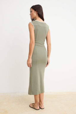 Haki Duz Bodycon V Yaka Kolsuz Buzgulu Midi Pamuk Ribana Orme Elbise TWOSS26EL00569 - Trendyolmilla фото 4