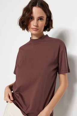 Kahverengi-Bej 2li Paket %100 Pamuk Basic Dik Yaka Orme T-Shirt TWOSS20TS1500