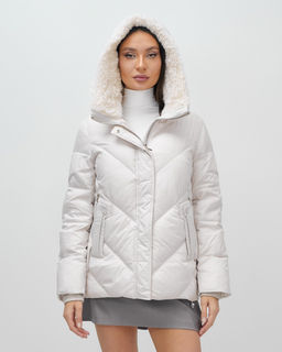 Куртка зимняя женская из овчина стильная и модная бежевого цвета 7348B