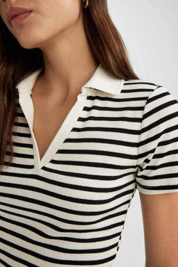 Полосатая футболка-поло приталенного кроя с короткими рукавами - Defacto фото 3