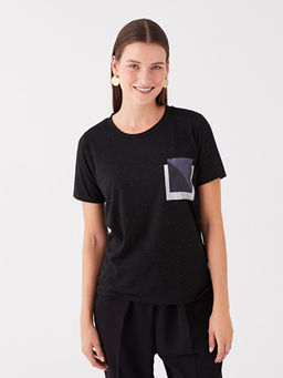 Bisiklet Yaka Bask?l? K?sa Kollu Kad?n Ti??rt