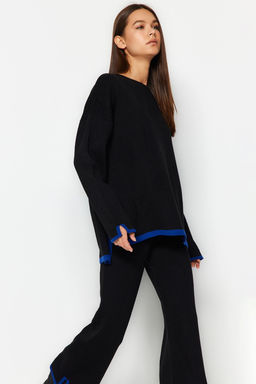 Siyah Genis Kal?p Kontrast Renkli Triko Alt-Ust Tak?m TWOAW24AU00062