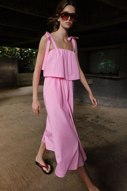 VESTIDO MIDI POPEL?N LAZOS / Rosa medio