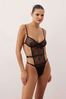 Siyah Fileli Kurdele/ Fiyonklu Kaps?z Kulotlu Fantezi Body THMAW26BD00006 - Trendyolmilla фото 3