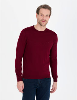K_rm_z_ Slim Fit Bisiklet Yaka Y_n Kar___ml_ Basic Triko Kazak