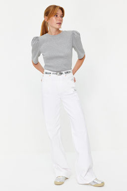 Gri Melanj Balon Kollu Bisiklet Yaka Fitilli Esnek Orme Bluz TWOSS24BZ00160