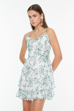 TRENDYOLMILLA Mint Cicek Desenli A Kesim Mini Astarl? Volanl? Dokuma Elbise TWOSS20EL1267  фото 4
