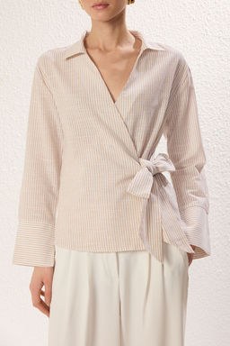 TRENDYOLMILLA Bej Yandan Baglama Detayl? Flaml? Pamuklu Regular Normal Kal?p Dokuma Gomlek TWOSS25GO00108  фото 3