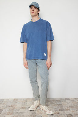 Indigo Oversize/Genis Kesim Dikisli Etiketli Soluk Efektli %100 Pamuk T-Shirt TMNSS24TS00005 - Trendyolmilla фото 2