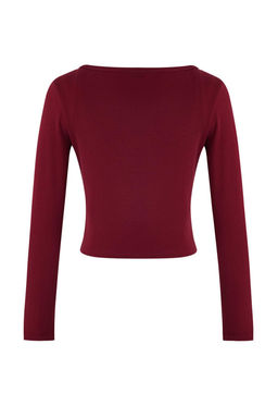 Bordo Cift Gorunumlu Asimetrik Yaka Dugmeli Vucuda Oturan Esnek Orme Bluz TWOAW26BZ00042