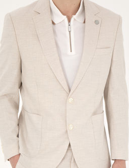 Bej Slim Fit Keten Kar___ml_ _izgili Tak_m Elbise