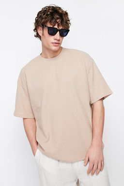 Camel Oversize/Geni_ Kesim Bisiklet Yaka K_sa Kollu Basic Dokulu T-shirt TMNSS22TS00049