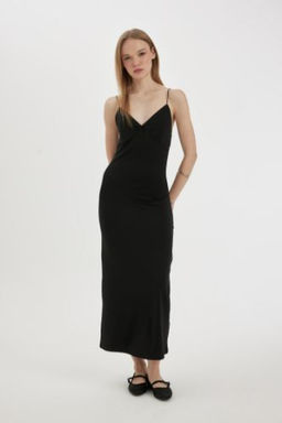 Coool Slim Fit Dar Kesim V Yaka Ask?l? Maxi Elbise
