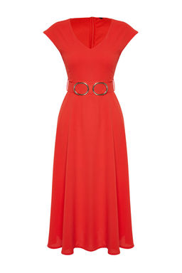 K?rm?z? Kemerli Etegi Belden Ac?lan Midi Krep Dokuma Elbise TWOSS24EL00018 - Trendyolmilla фото 7