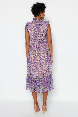 Cok Renkli Cicek Desenli A-Kesim Midi Astarl? Sifon Dokuma Elbise TWOSS23EL01840