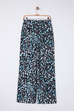 Mavi Beli Lastikli Wide Leg/Genis Paca Leopar Desenli Dokuma Pantolon TWOSS25PL00005
