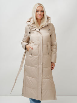 Пальто утепленное стеганное зимнее с капюшоном женское бежевого цвета 9605B - Mtforce фото 7
