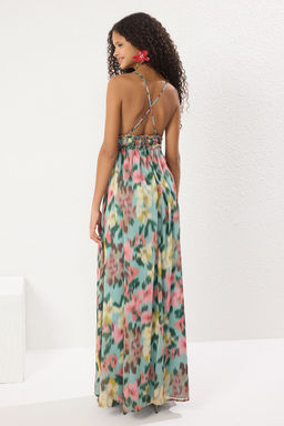 TRENDYOLMILLA Cok Renkli A-Kesim Astarl? Sifon Dokuma Uzun S?k Abiye Elbise TPRSS24AE00058 фото 12