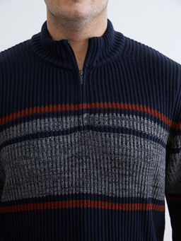 Dik Yaka ?izgili Erkek Triko Kazak