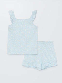 Kare Yaka Desenli K?z ?ocuk ?ortlu Pijama Tak?m?