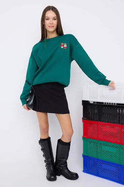 Teen Zumrut Yesili Ay?c?k Nak?sl? Oversize Ici Polarl? Orme Sweatshirt TWOAW26SW00197 - Trendyolmilla фото 5