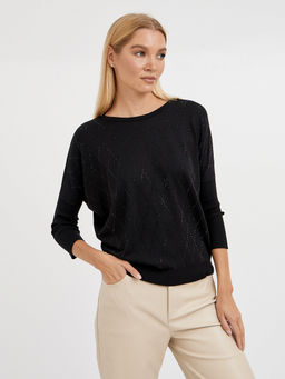 джемпер женский силуэта летучая мышь в черном цвете с ромбами из страз - Glenfield фото 4