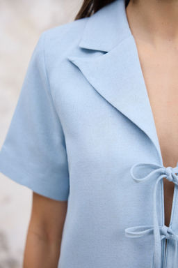 TRENDYOLMILLA Ac?k Mavi Keten K?sa Kollu Baglama Detayl? Dokuma Blazer Ceket TWOSS25BC00027  фото 3