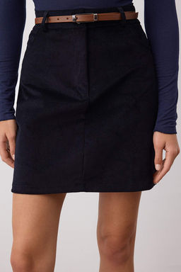 Lacivert Kemerli A-Line/Can Dokuma Fitilli Kadife Mini Etek TWOAW26ET00109 - Trendyolmilla фото 3