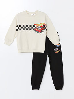 Bisiklet Yaka Uzun Kollu Hot Wheels Bask?l? Erkek Bebek Sweatshirt ve E?ofman Alt 2li Tak?m